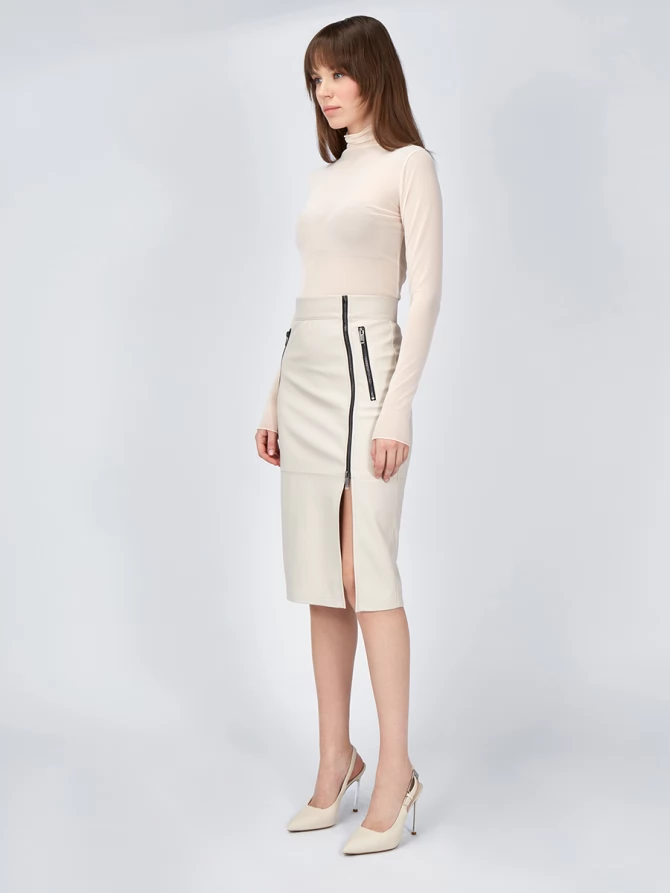 Юбка из эко-кожи с 3-мя молниями OD-863-2 бежевый