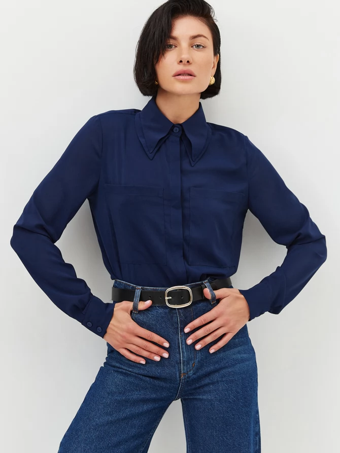 Блузка из шифона с двойным воротником OD-805-2 т. синий