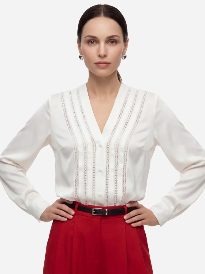 Блузка с V-образным вырезом и кружевом OD-1014-1 белый