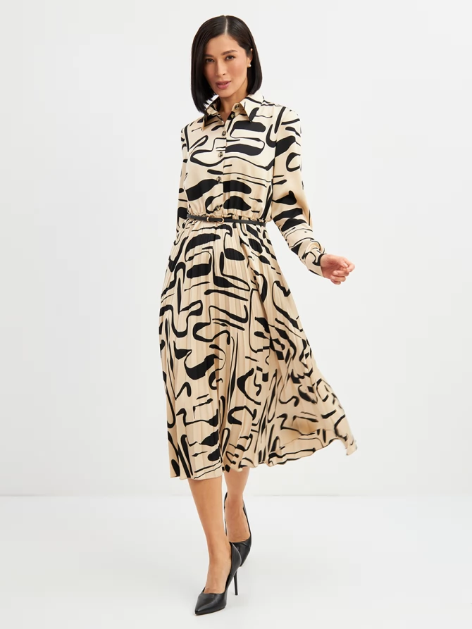 Платье с юбкой плиссе OD-883-3 бежевый с черными разводами