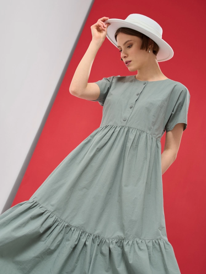 Платье хлопковое удлиненное с воланом