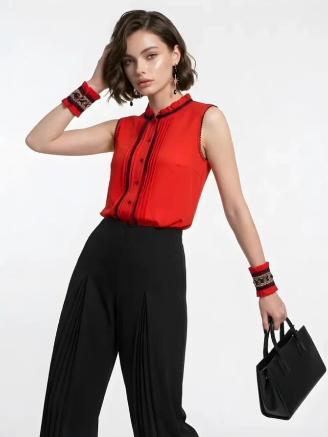 Блузка без рукавов с отделкой из тесьмы OD-973-3 красный