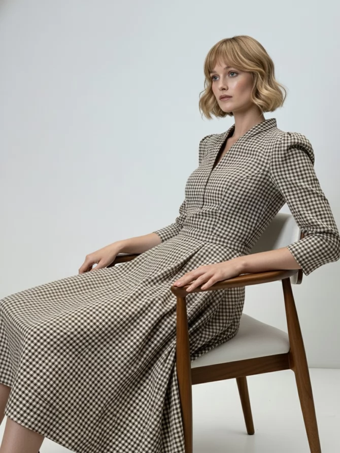 Платье с воротником стойка  OD-885-2 клетка сливочно-коричневая