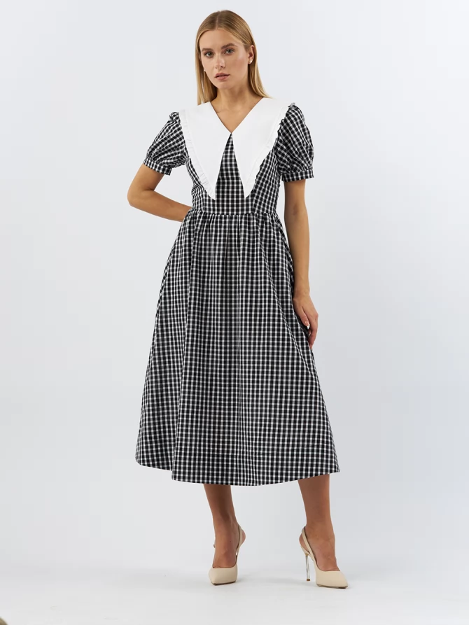 Платьеиз хлопка с большим контрастным воротником OD-935-1 клетка ч/б