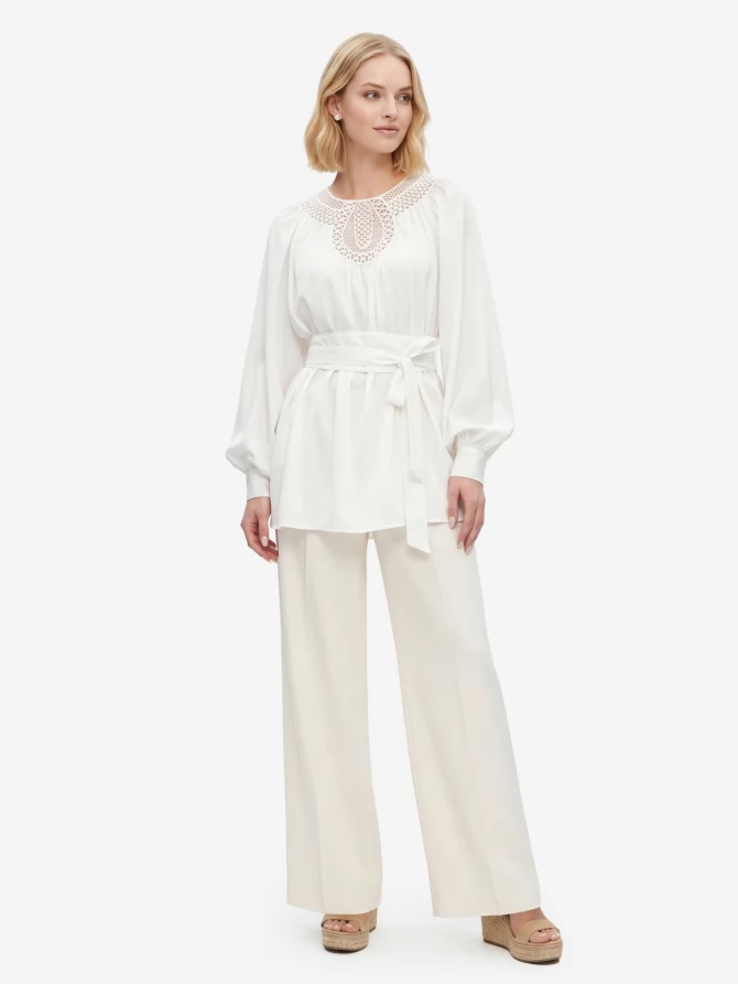 Блузка с кружевной вставкой и поясом-кушаком OD-1028-1 белый
