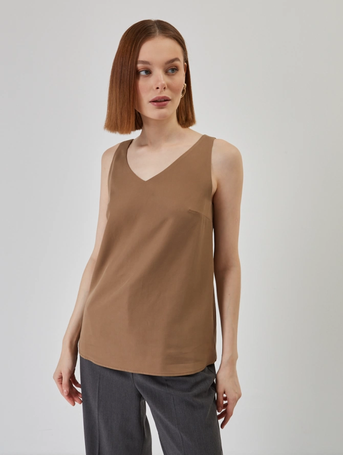 Топ V-образный трапециевидный из блузочной ткани, коричневый