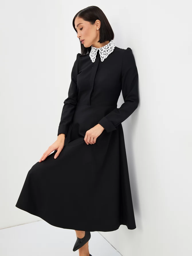 Платье с кружевным воротником потайная планка OD-886-1 черный