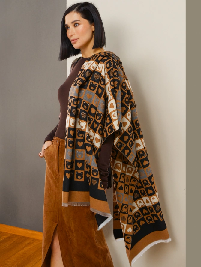 Палантин женский двусторонний с принтом 'Мишки и Сердца'