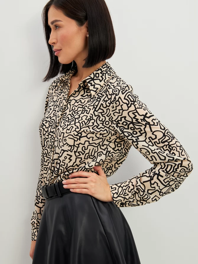 Блузка из шифона OD-887-3 молочный с черным