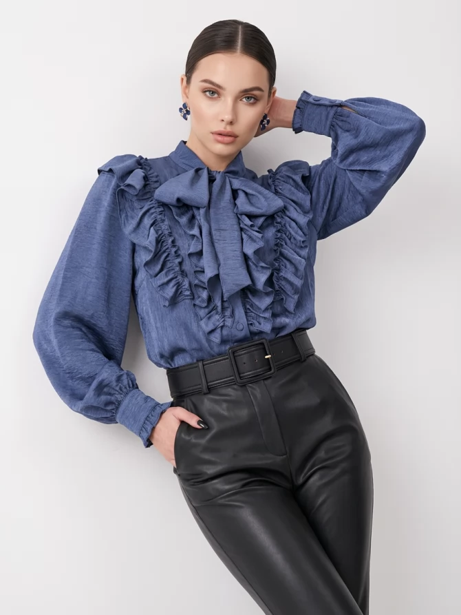 Блузка с рюшами и воротником-завязка OD-988-3 синий