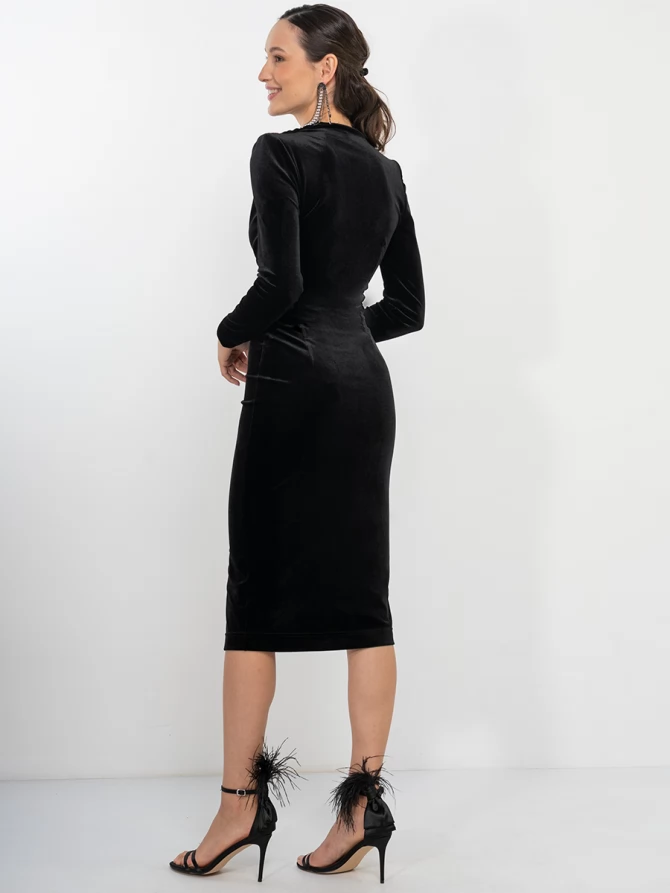 Платье из бархата с вырезом и разрезом OD-848-1 черное