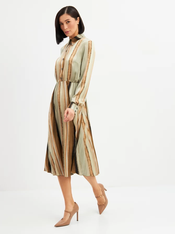 Платье с юбкой плиссе OD-883-2 коричневая с серой полосой