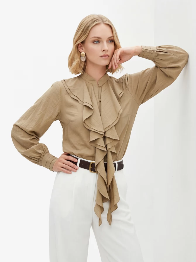 Блузкас отлетными рюшами OD-914-2 хаки