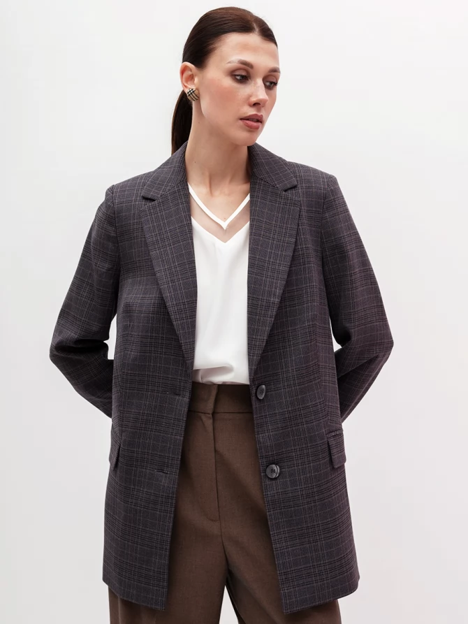 Жакет длинный OD-839-4 сине-бежевая клетка