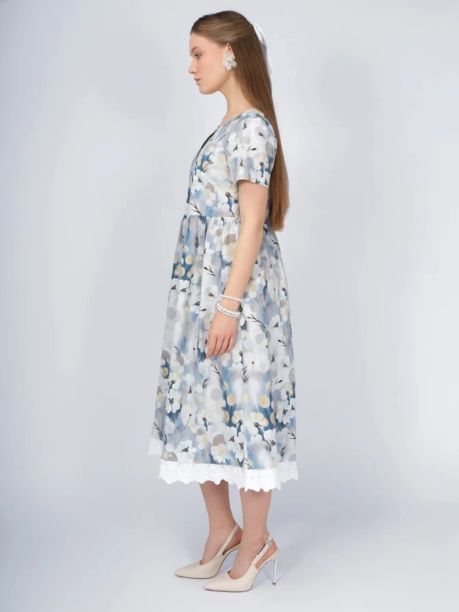 Платье из хлопка без воротника OD-727-9 крупные цветы на белом