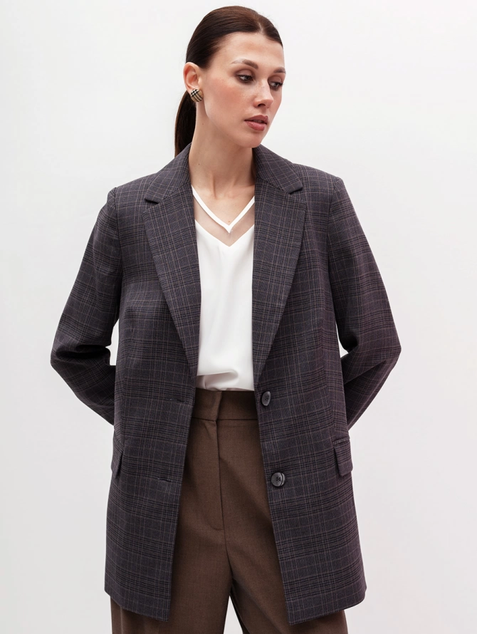 Жакет длинный OD-839-4 сине-бежевая клетка