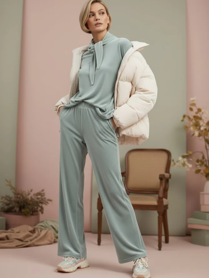 Костюм из велюра со съемным капюшоном и резинкой в комплекте OD-1009-2 зеленый