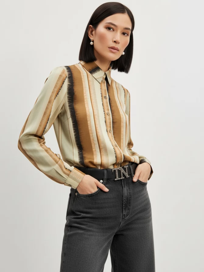 Блузка из атласной ткани OD-887-6 коричневый с серой полосой