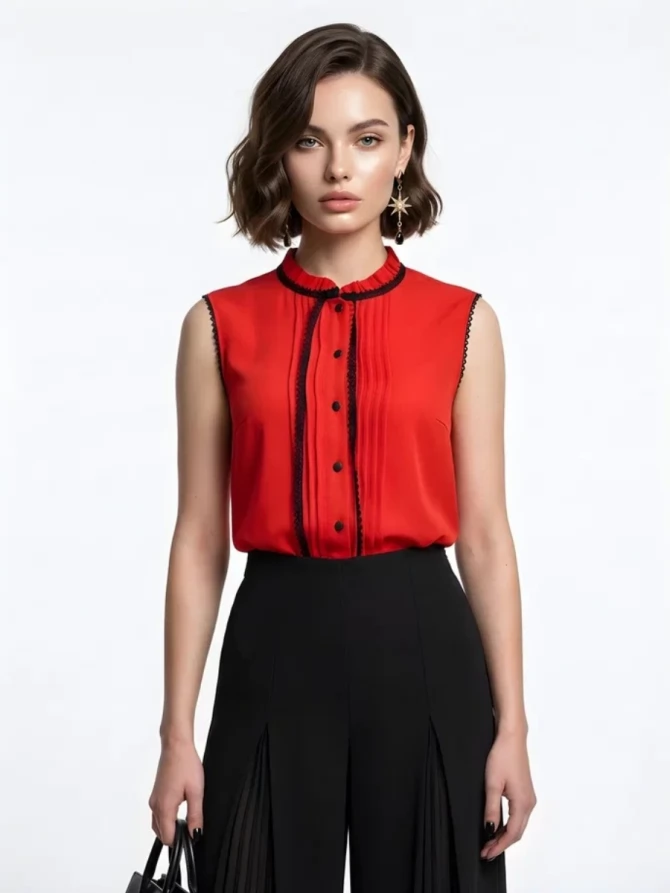 Блузка без рукавов с отделкой из тесьмы OD-973-3 красный