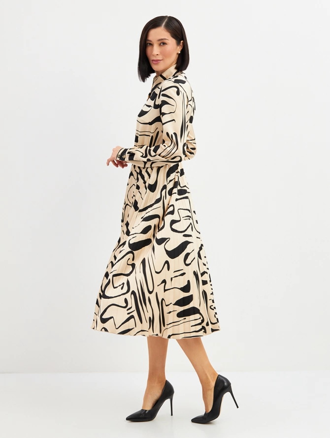 Платье с юбкой плиссе OD-883-3 бежевый с черными разводами