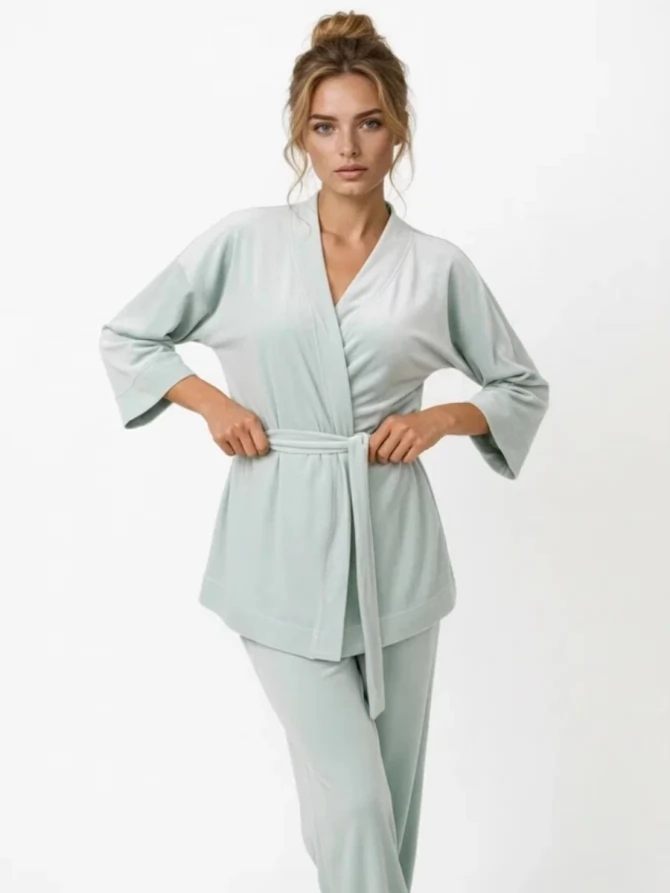 Пижама кимоно и брюки палаццо из велюра серо-зеленая