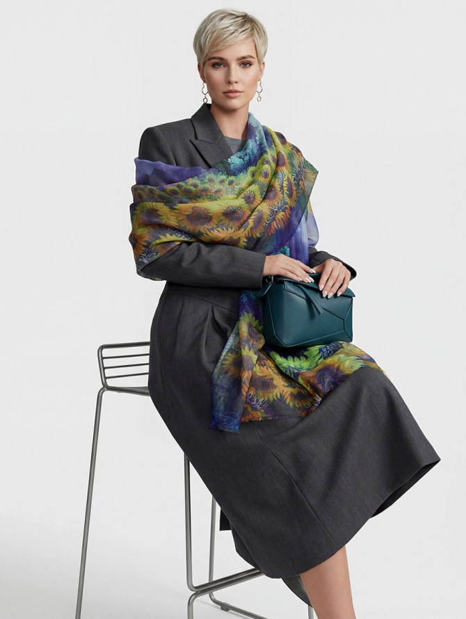 Платок двусторонний с арт-деко принтом и бахромой