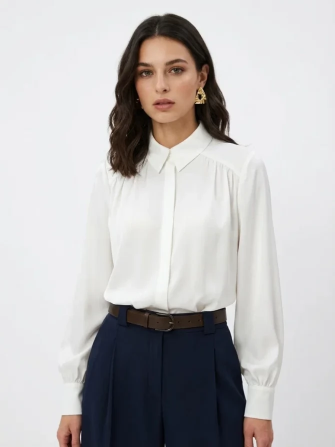 Блузка со сборкой и съемной пуговицей OD-971-1 белая