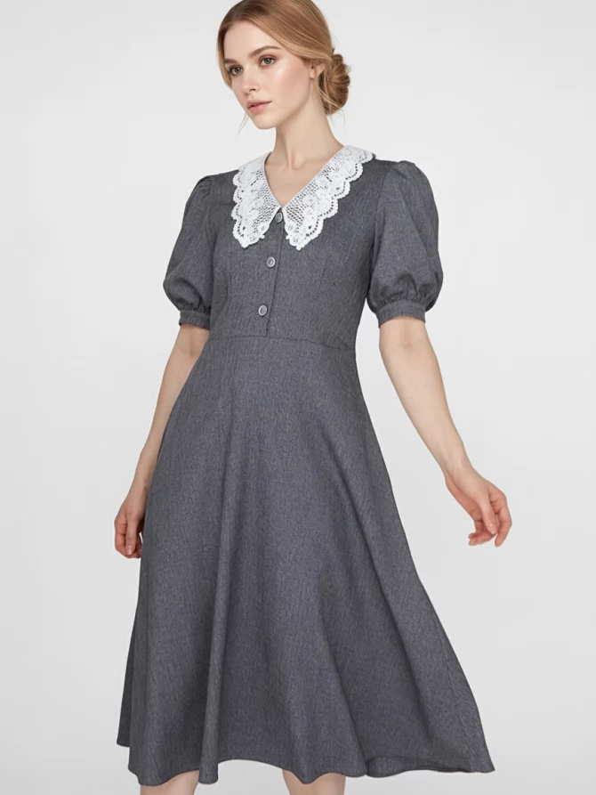 Платье с кружевным воротником  OD-888-1 серый