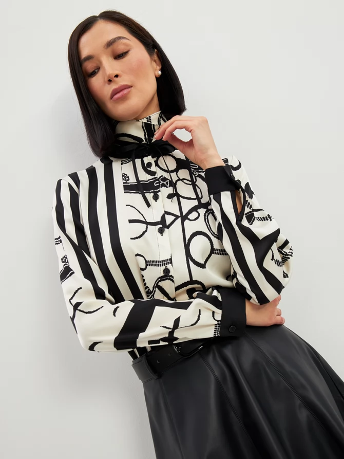 Блузка из атласной ткани  OD-887-1 черно-белая