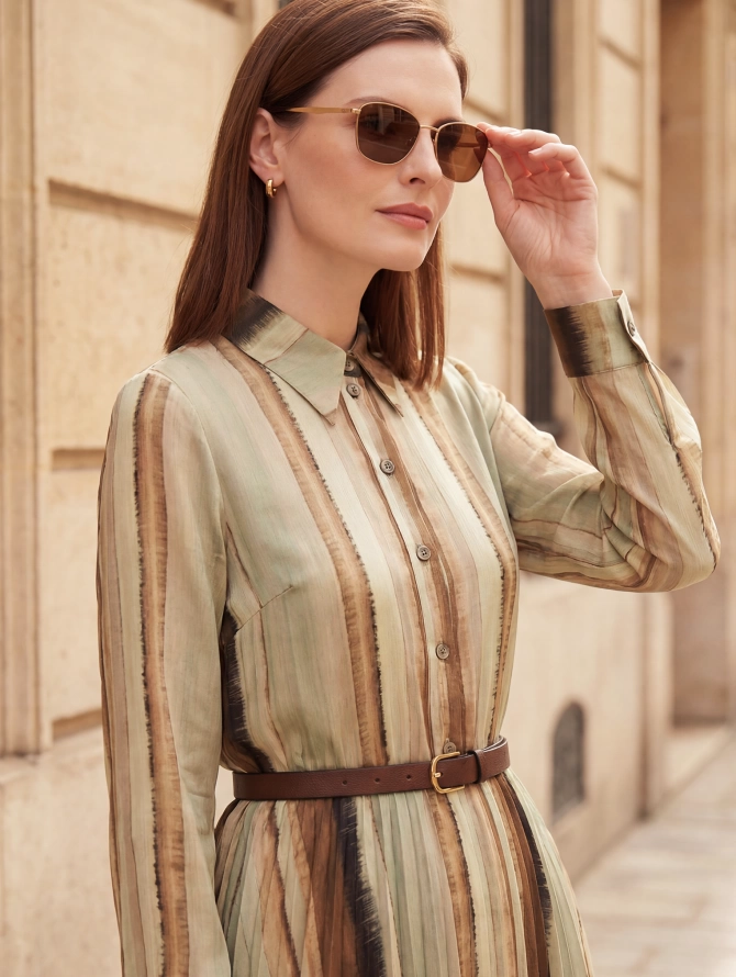 Платье с юбкой плиссе OD-883-2 коричневая с серой полосой