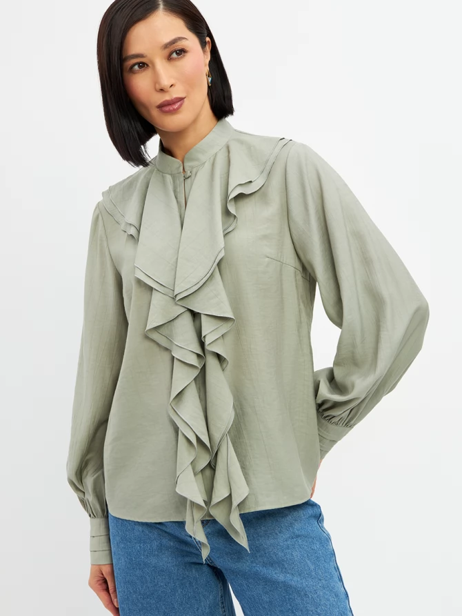 Блузкас отлетными рюшами OD-914-3 полынь