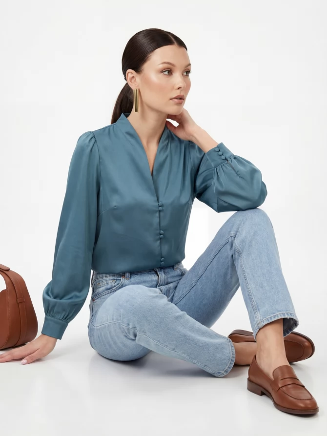 Блуза с вырезом сине-зеленая