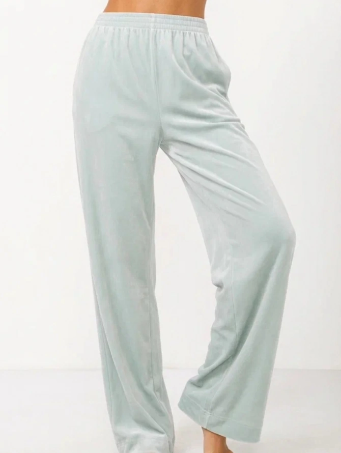 Пижама кимоно и брюки палаццо из велюра серо-зеленая