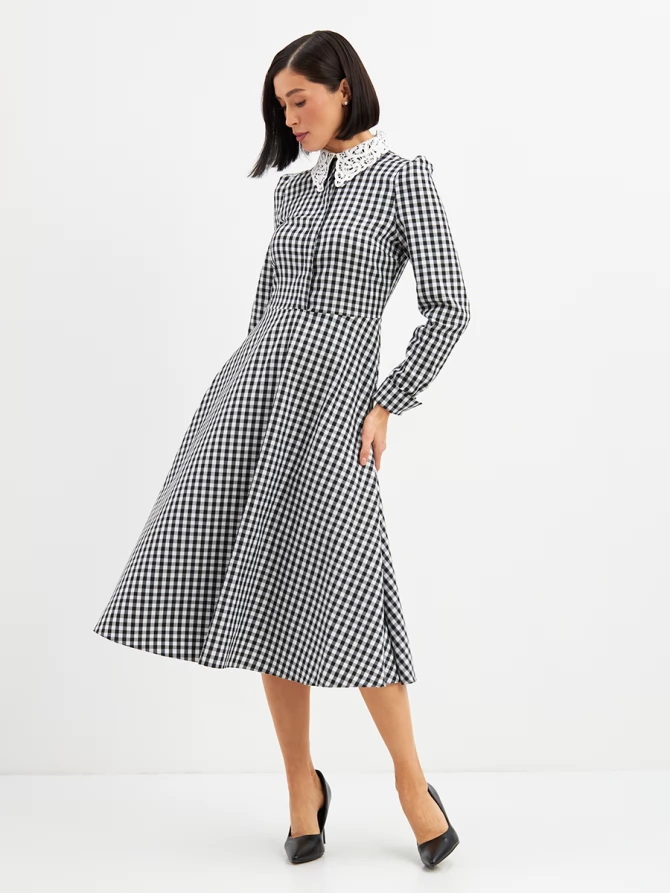 Платье с кружевным воротником потайная планка OD-886-2 ч/б клетка