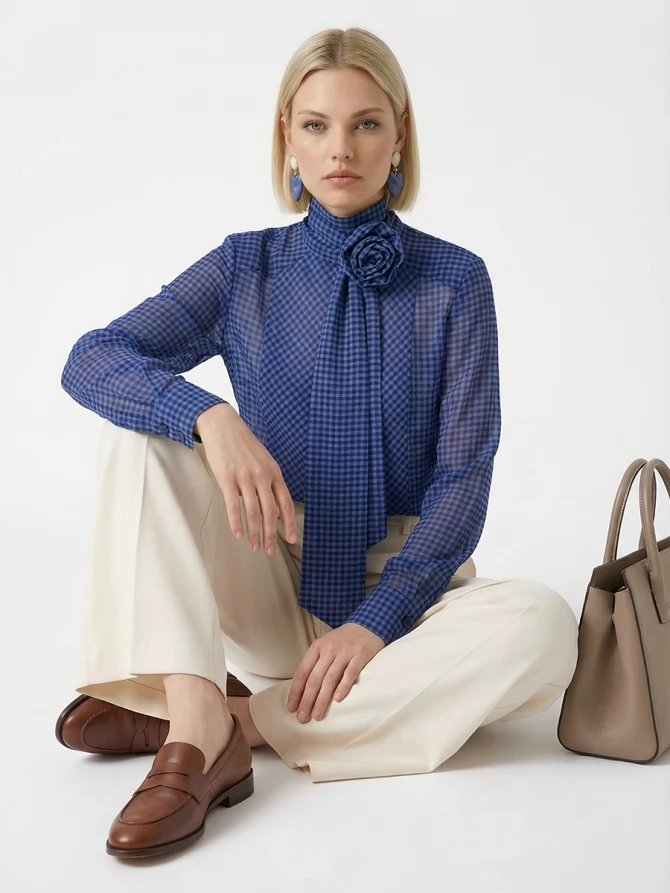 Блузка из органзы в клетку OD-984-1 фиолетовый с черным