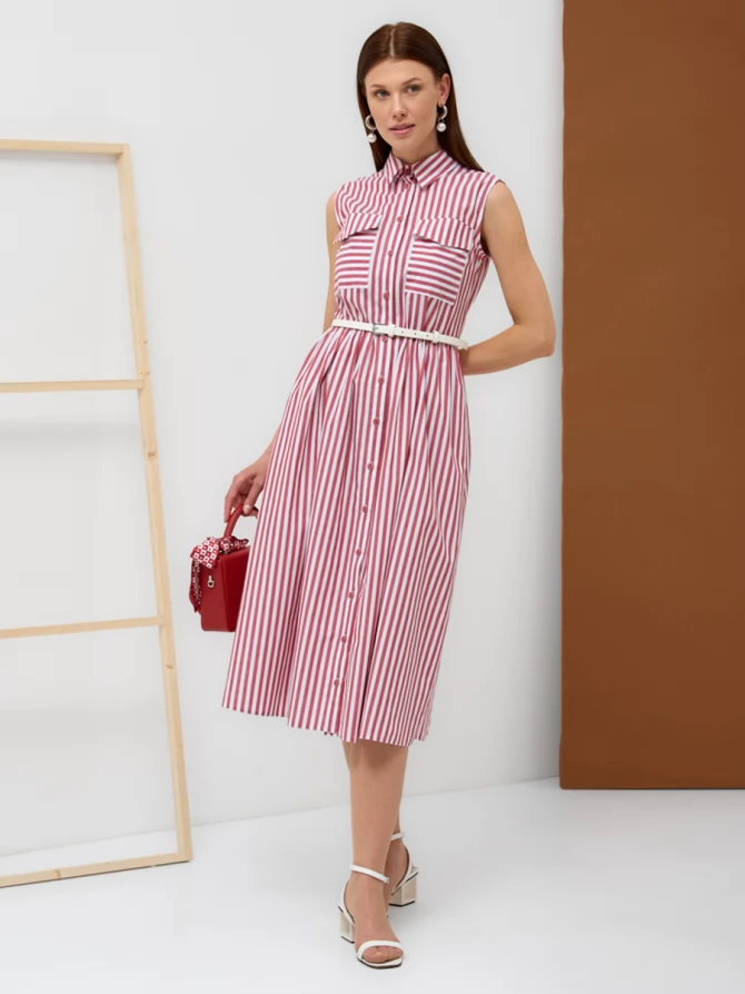 Платье-рубашка хлопковое в бордовую полоску