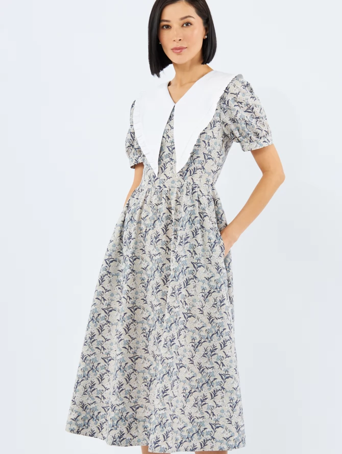 Платье из хлопка с большим контрастным воротником OD-935-3 цветы на бежевом