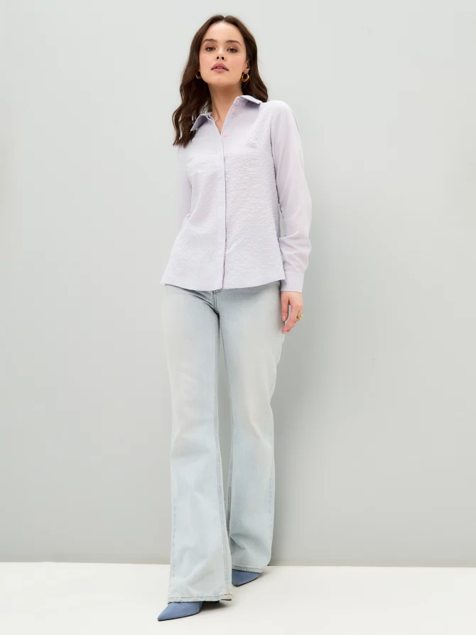 Блузка классическая с контрастной стойкой, розово-голубая клетка