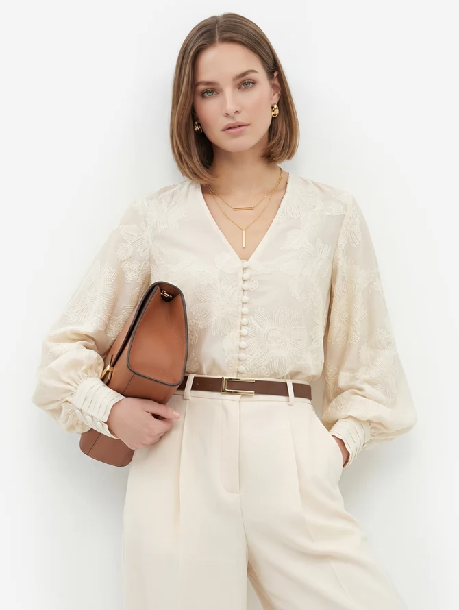 Блуза молочная с объемной вышивкой OD-987-2