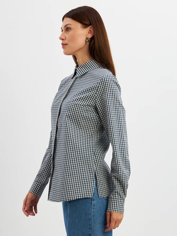 Блузка классик с контраст.стойкой OD-737-17 синяя клетка