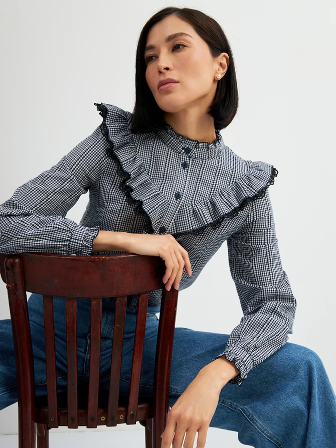 Блузка из хлопка с кружевом OD-896-2 сине- белая мелкая клетка