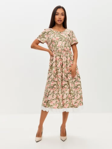 Платье из хлопка без воротника OD-727-13 розовые цветы зеленые листья