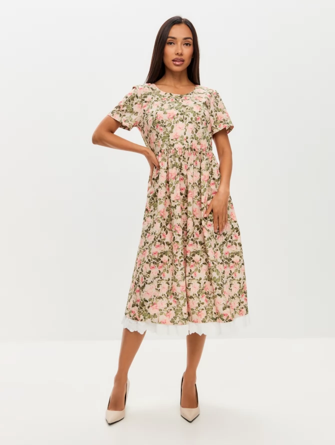 Платье из хлопка без воротника OD-727-13 розовые цветы зеленые листья