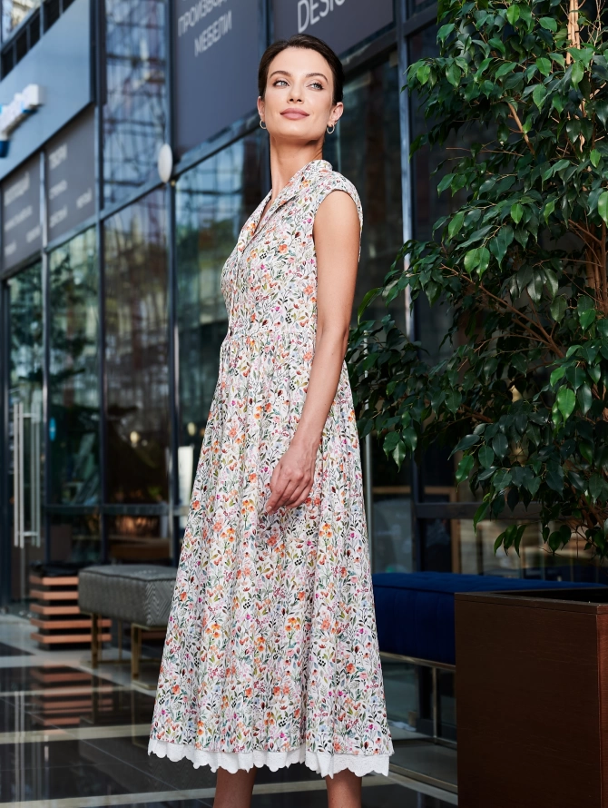 Платье хлопковое миди с цветочным принтом и кружевом OD-721-7