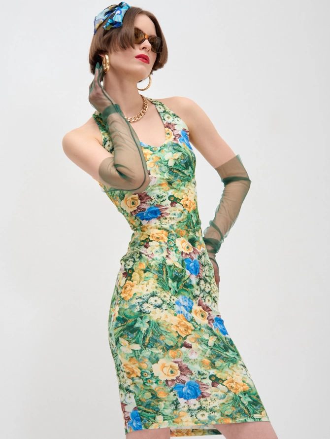 Платье прилегающего силуэта из трикотажа масло с цветочным принтом