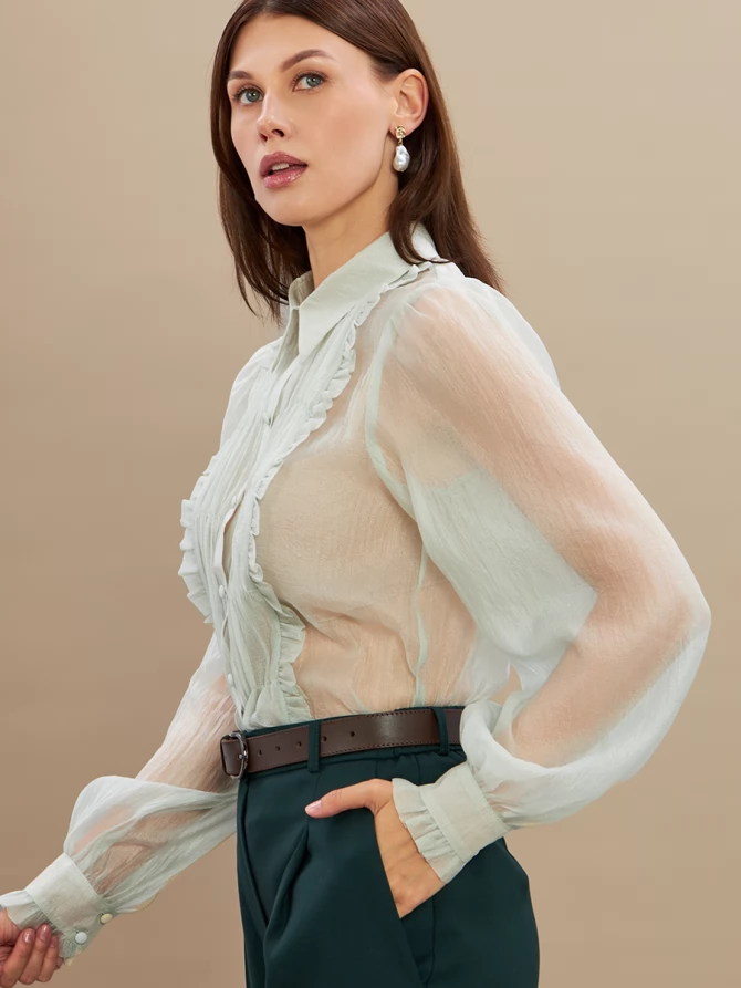 Блузка из органзы со сборкой OD-928-3 серо-зеленый