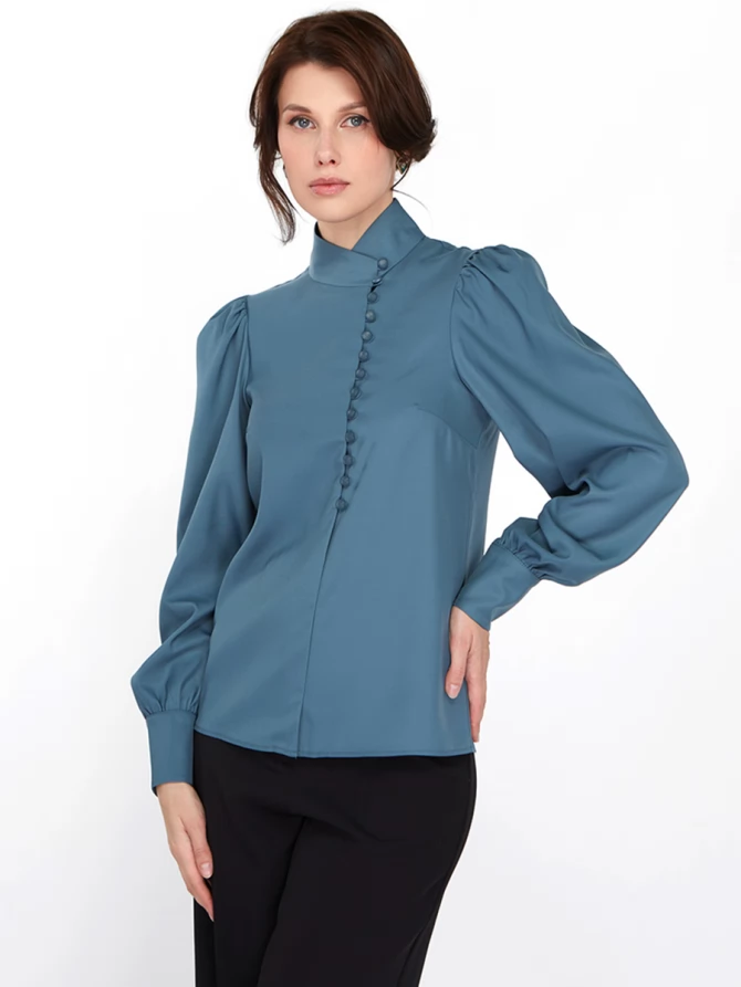 Блуза-косоворотка много пуговиц OD-550-14 серо-зеленый-голубой (морская волна)