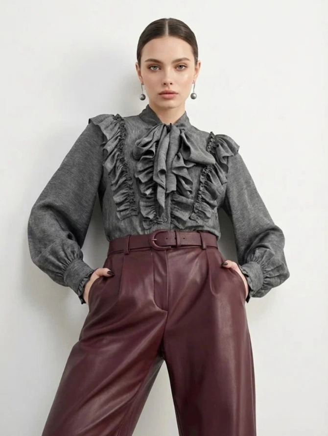 Блузка с рюшами и воротником-завязкой графит