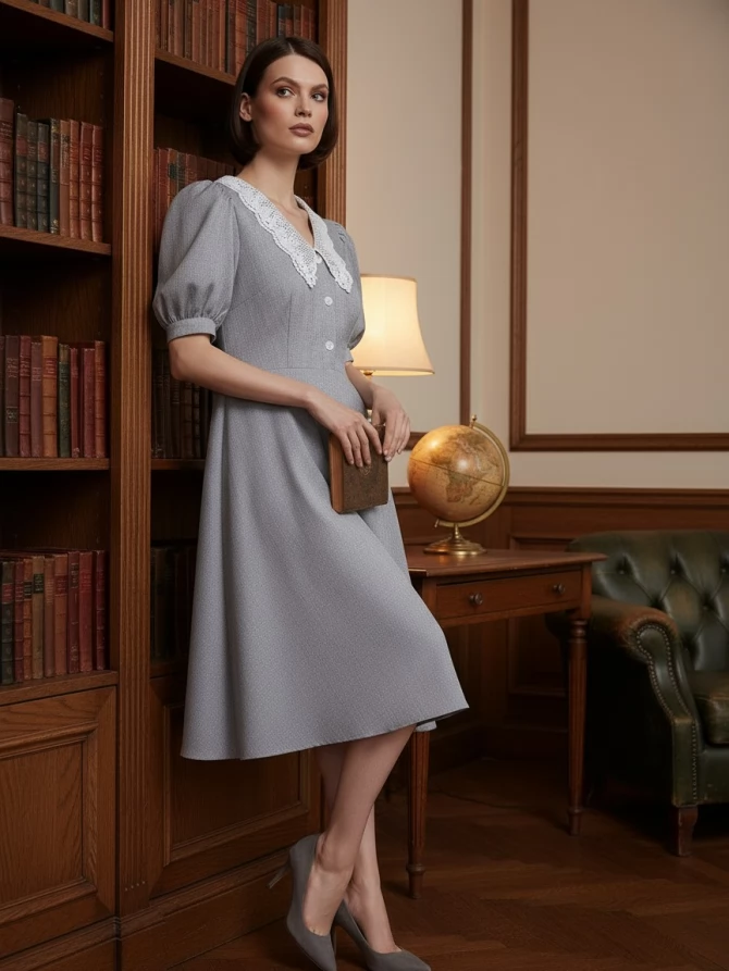 Платье с кружевным воротником  OD-888-2 св.серый