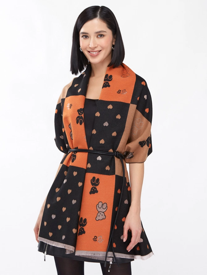 Палантин женский двусторонний с принтом Медведи и Сердца